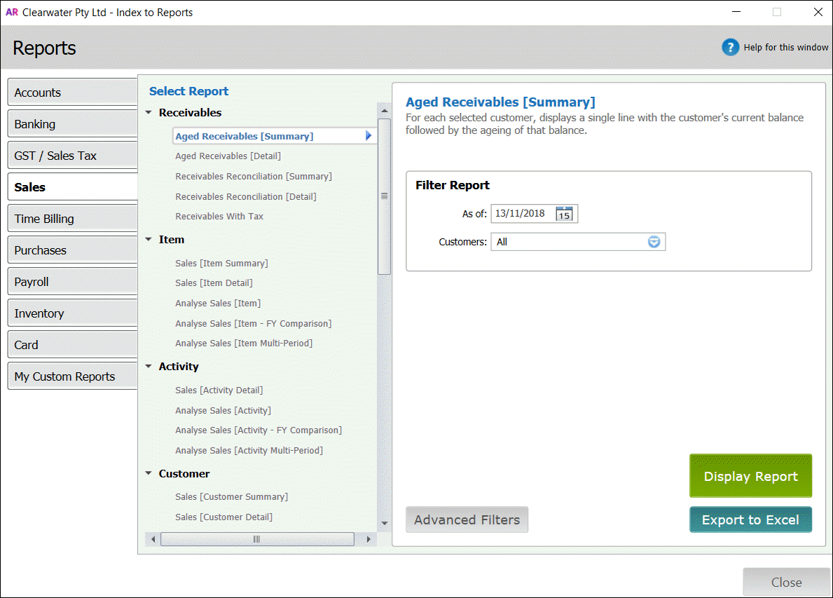 AccountRight Index to Reports window AccountRight Index to Reports window