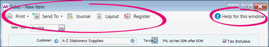 AccountRight Sales window buttons AccountRight Sales window buttons