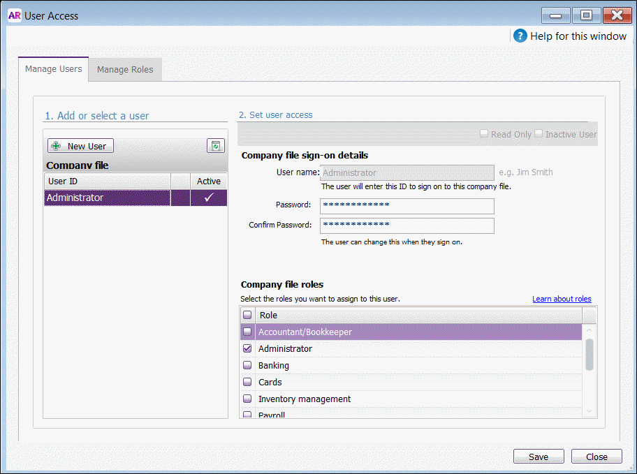 AccountRight User Access window AccountRight User Access window