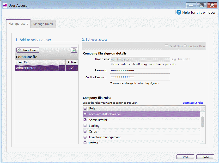 AccountRight User Access window