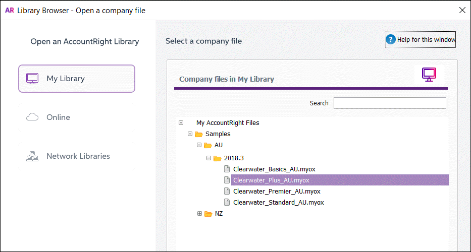 AccountRight library browser showing sample files