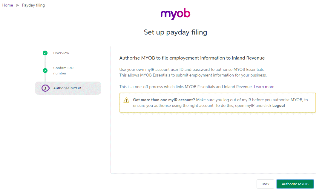 Authorise Payday Filing in MYOB Essentials