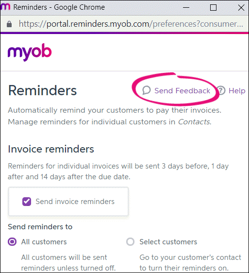 Submit feedback on invoice reminders in the Reminders window Submit feedback on invoice reminders in the Reminders window