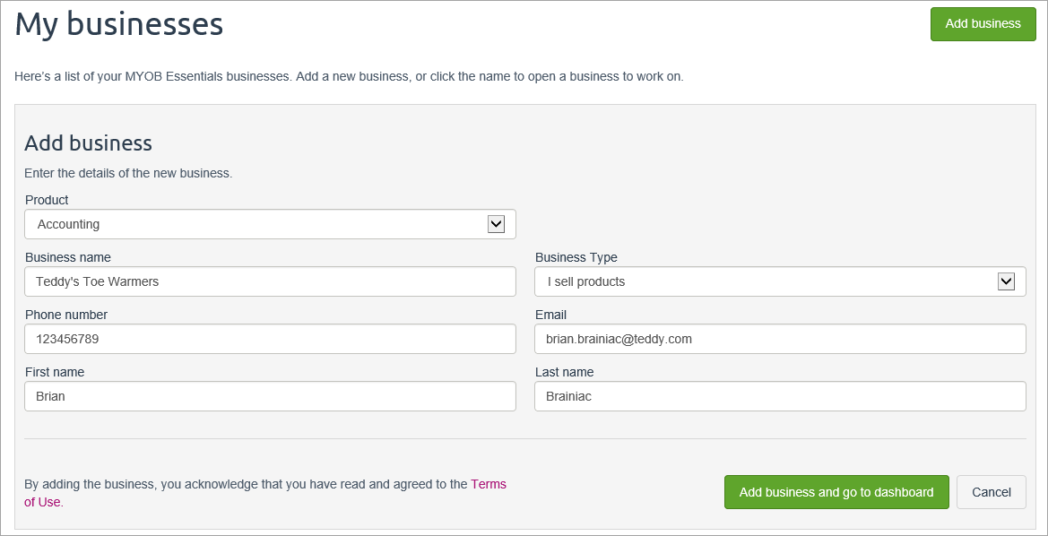 New business details added in the add business panel