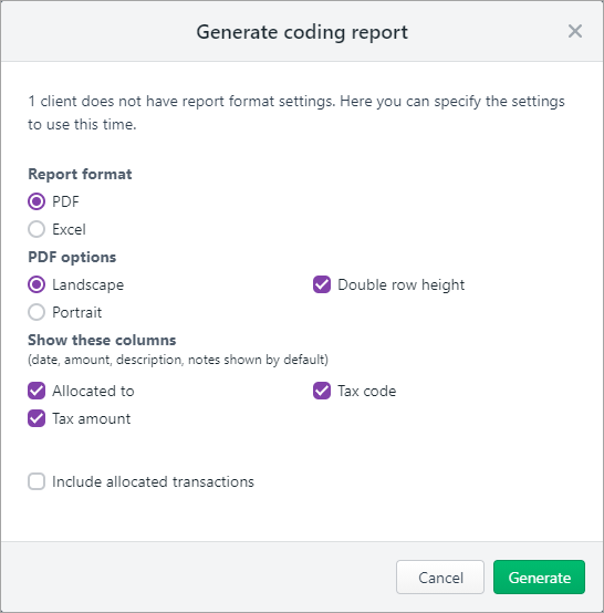 Format settings in the Generate coding report window