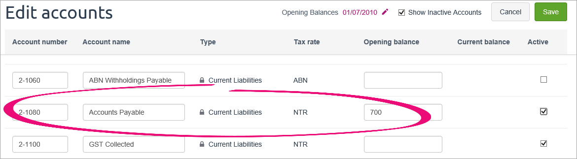 Edit accounts page showing opening balance for accounts payable account