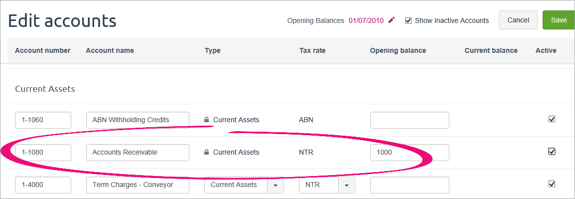 Edit accounts page showing opening balance for accounts receivable account