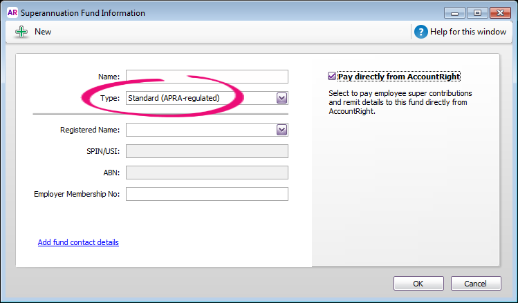 Superannuation fund information window with standard fund type highlighted