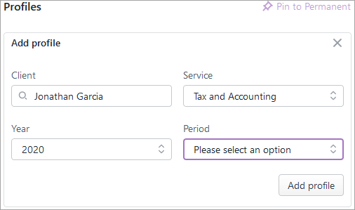 Options available when adding a profile, which are Client, Service, Year and Period.