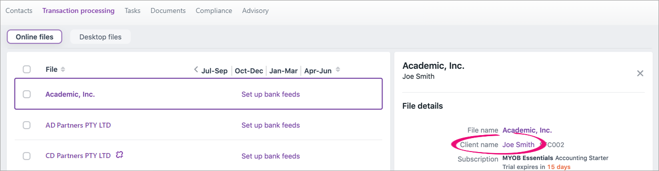 Image of detailed view showing client name