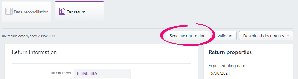 sync tax return data button