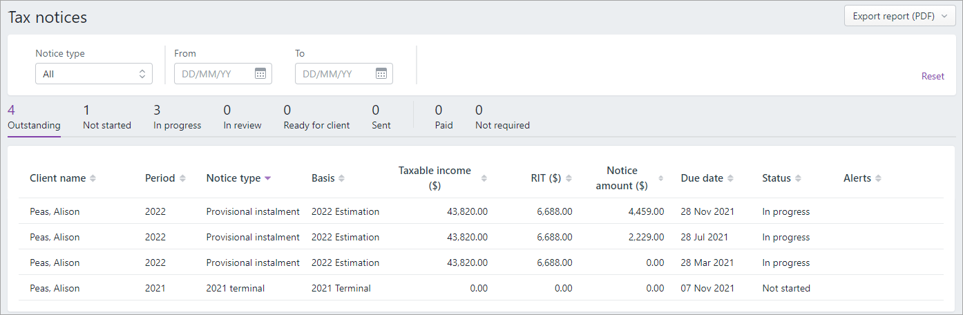 Tax notices screen