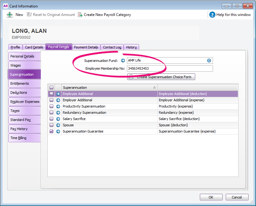 Employee card with superannuation fund and membership number entered