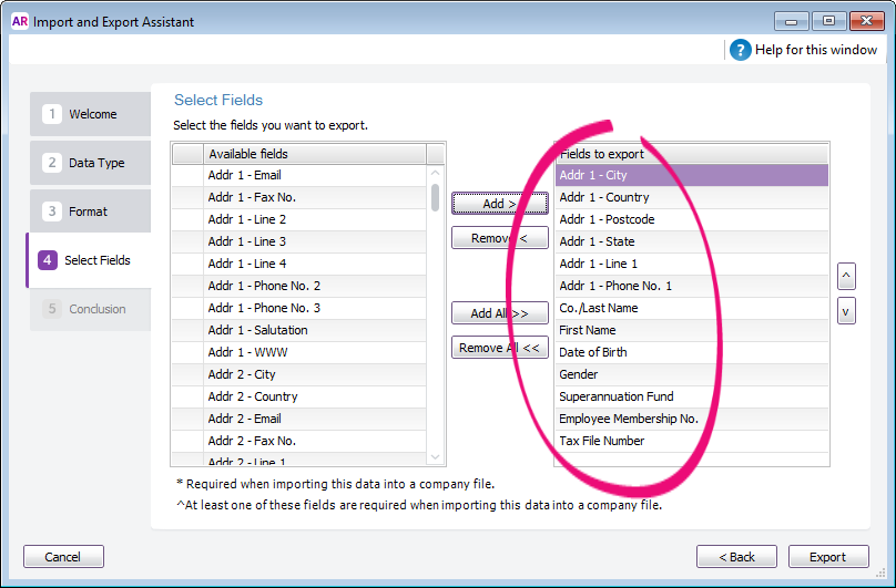 Import and export assistant window with export fields selected