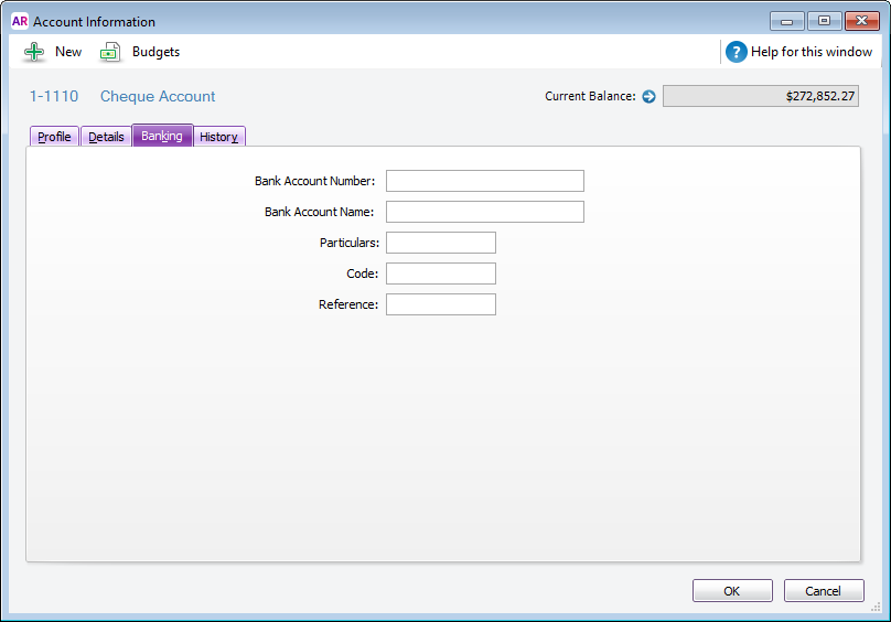 Account information window with banking detail feilds Account information window with banking detail feilds