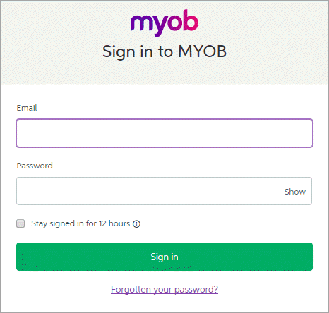 sign in to MYOB window with email and password fields