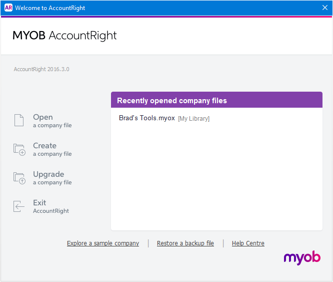 Welcome window with a recently opened company file listed Welcome window with a recently opened company file listed