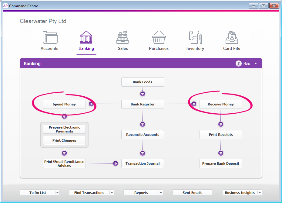 Banking command centre with spend money and receive money buttons highlighted