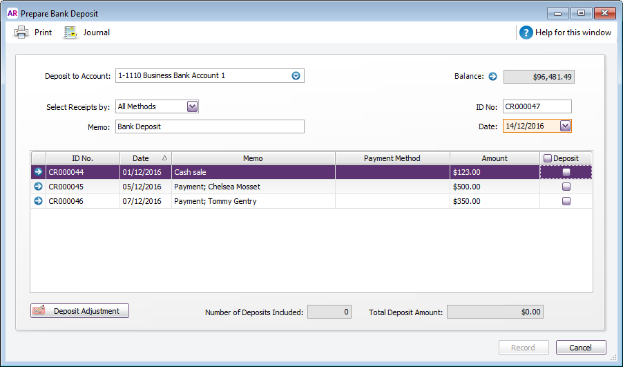 Prepare bank deposit window with 3 payments listed Prepare bank deposit window with 3 payments listed