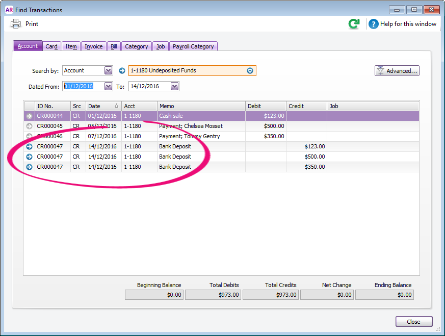 Find transaction window with 3 transactions in a bank deposit highlighted Find transaction window with 3 transactions in a bank deposit highlighted