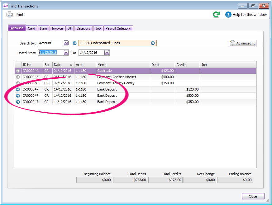 Find transaction window with 3 transactions in a bank deposit highlighted