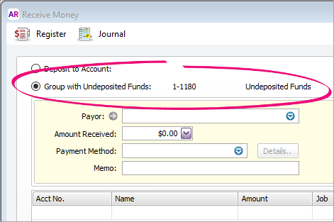Group with undeposited funds option selected on a transaction