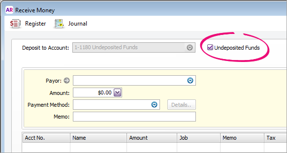Receive money window with Undeposited funds option selected Receive money window with Undeposited funds option selected