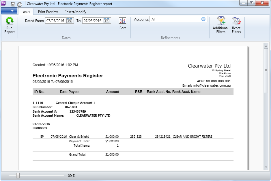 Example electronic payments register report