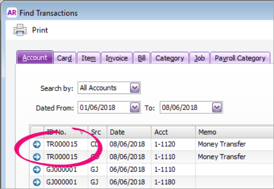 Find transactions window with TR transactions highlighted