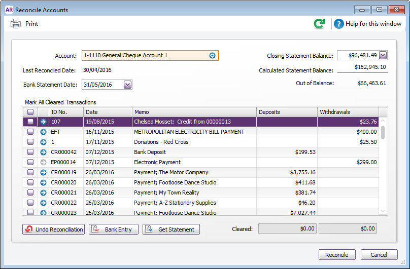 Reconcile accounts window with unreconciled transactions listed