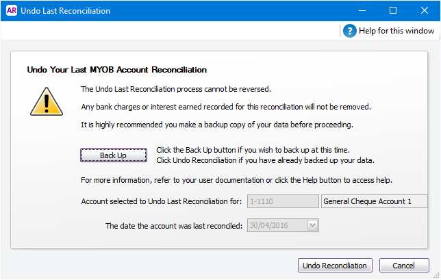 Undo last reconciliation window with back up button