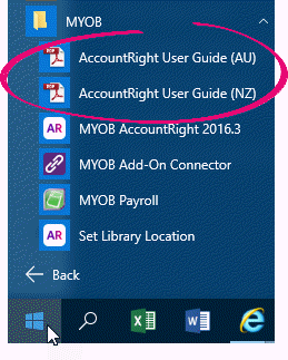 Windows Start menu with AccountRight user guides highlighted