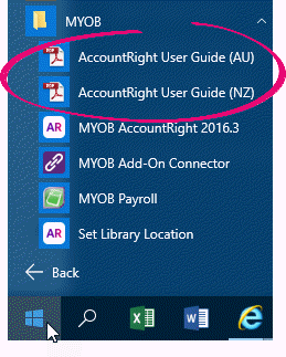 Windows Start menu with AccountRight user guides highlighted Windows Start menu with AccountRight user guides highlighted