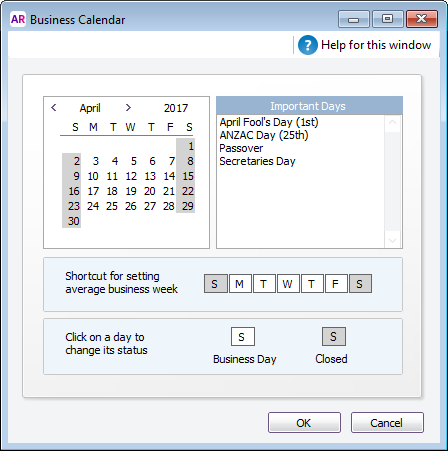 AccountRight business calendar window