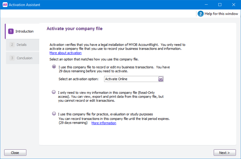 Activation Assistant window with online option selected Activation Assistant window with online option selected