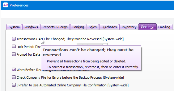 Mouse hovering over a preference with description shown Mouse hovering over a preference with description shown