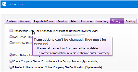 Mouse hovering over a preference with description shown