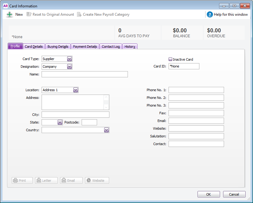 Card information window with empty fields