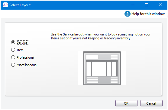 Select layout window with service option selected