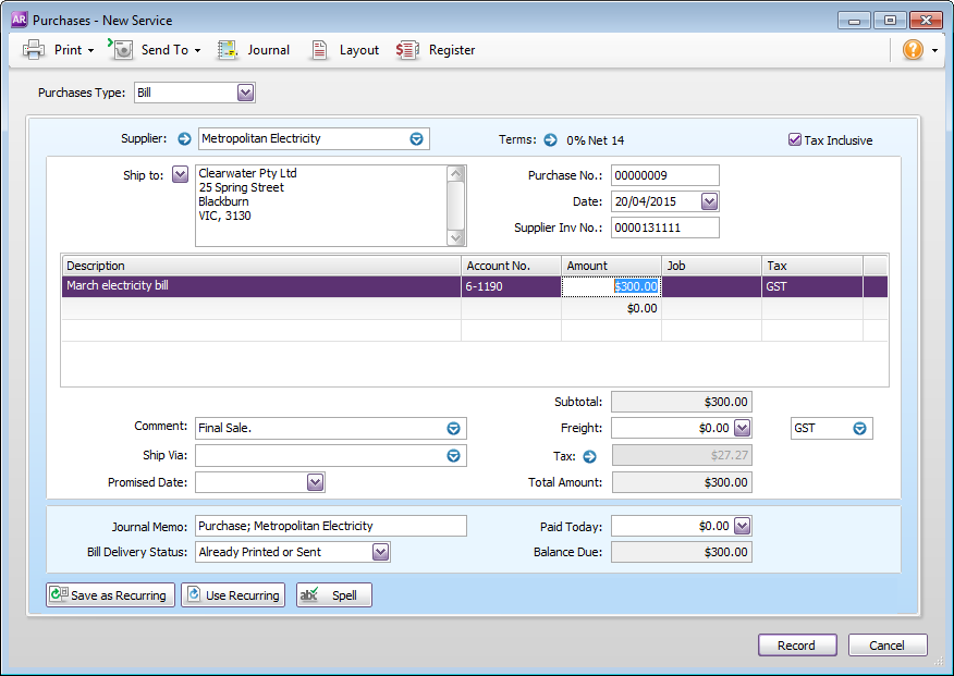 MYOB AccountRight > Enter a bill, quote or order > service_purchase.png