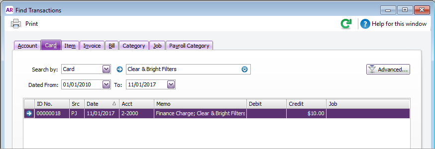 Find transactions window with finance charge listed