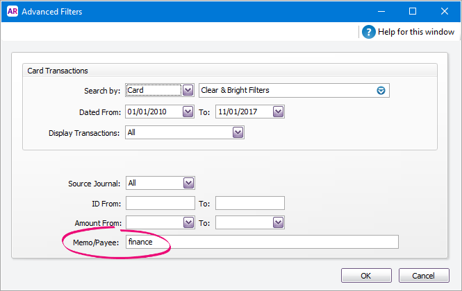 Advanced filters window with finance entered in memo field