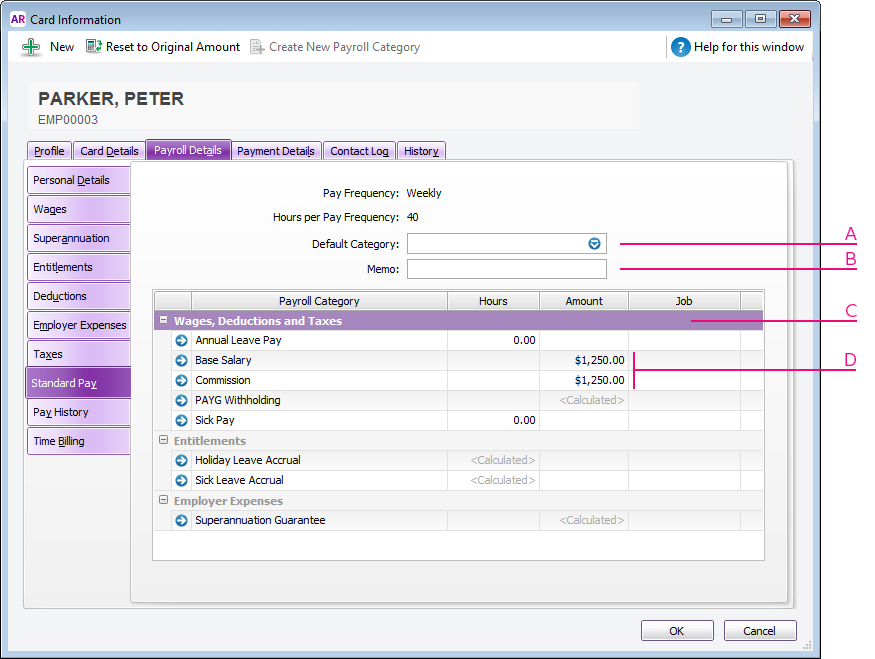 Employee standard pay tab with fields identified as A B C and D Employee standard pay tab with fields identified as A B C and D