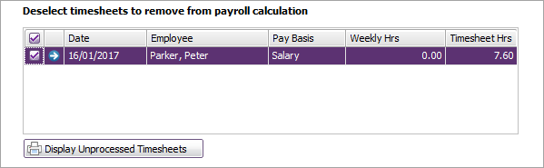 Timesheet listed on process payroll window