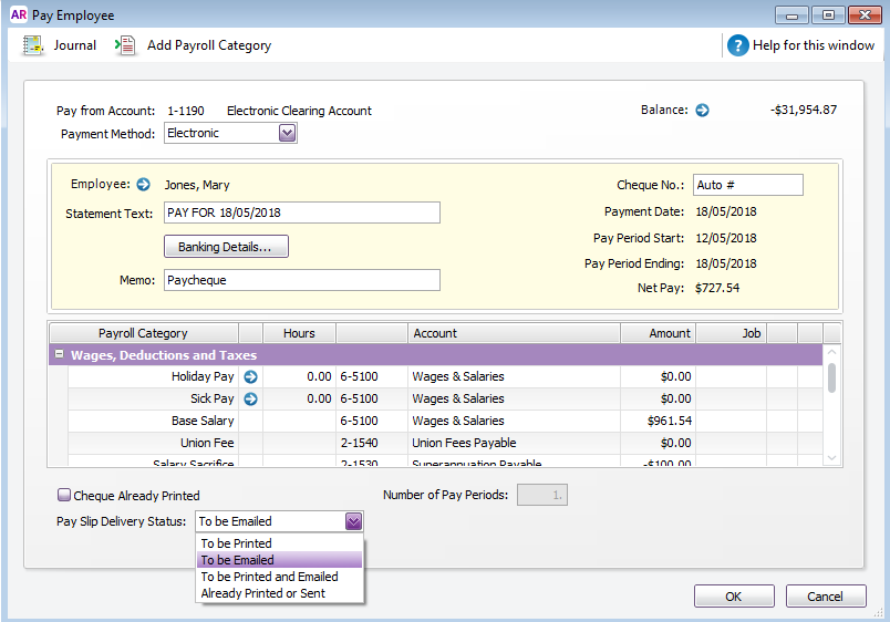 Pay Employee window Pay Slip Delivery Status