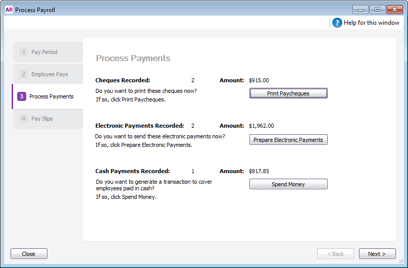 MYOB AccountRight > Process cash, cheque and electronic pays > Process payments.png (Process payments window) Process payments window