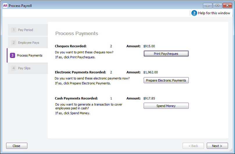 Process payments window