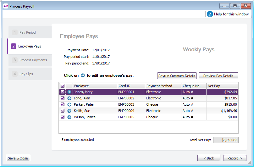 Process payroll window listing employees being paid