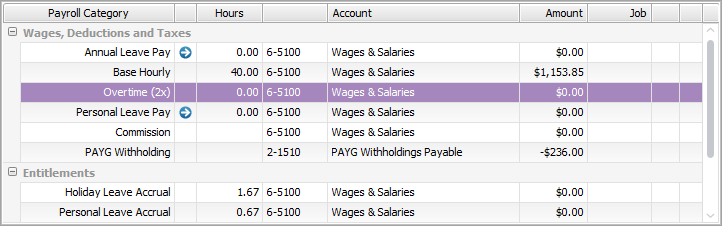 Example payroll categories in an employee's pay