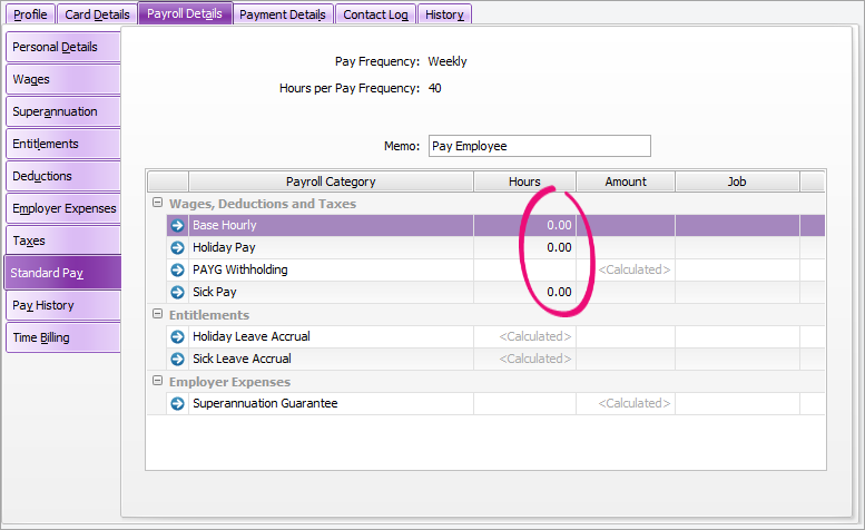 Example standard pay with zero hours highlighted